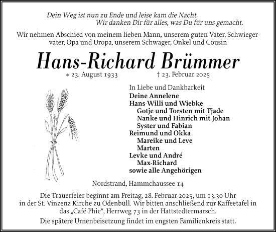 Traueranzeige von Hans-Richard Brümmer von Husumer Nachrichten, Nordfriesland Tageblatt
