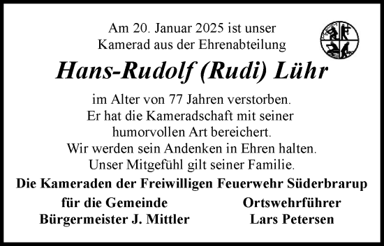 Traueranzeige von Hans-Rudolf  Lühr von Schleswiger Nachrichten, Schlei-Bote