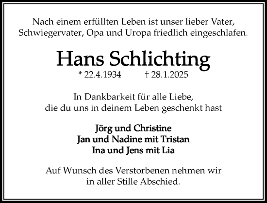 Traueranzeige von Hans Schlichting von MARKT Ratzeburg/Mölln