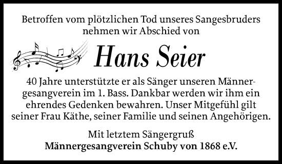 Traueranzeige von Hans Seier von Schleswiger Nachrichten, Schlei-Bote