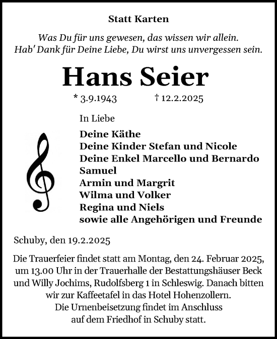 Traueranzeige von Hans Seier von Husumer Nachrichten, Nordfriesland Tageblatt