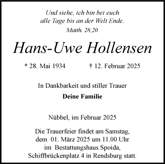 Traueranzeige von Hans-Uwe Hollensen von Schleswig-Holsteinische Landeszeitung