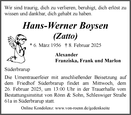 Traueranzeige von Hans-Werner Boysen von Schleswiger Nachrichten, Schlei-Bote