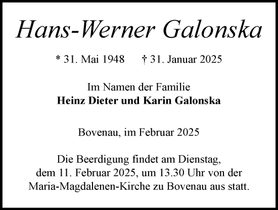 Traueranzeige von Hans-Werner Galonska von Schleswig-Holsteinische Landeszeitung