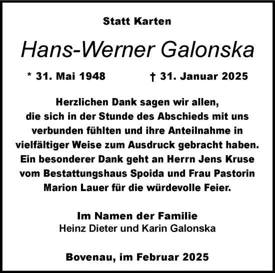 Traueranzeige von Hans-Werner Galonska von Schleswig-Holsteinische Landeszeitung