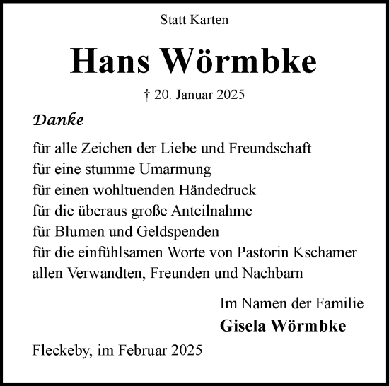 Traueranzeige von Hans Wörmbke von Eckernförder Zeitung, Hallo Eckernförde