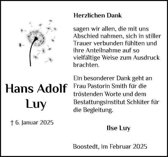Traueranzeige von Hans Adolf Luy von Holsteinischer Courier