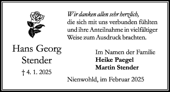 Traueranzeige von Hans Georg Stender von MARKT Ahrensburg/Bargteheide/Trittau und Stormarner Tageblatt