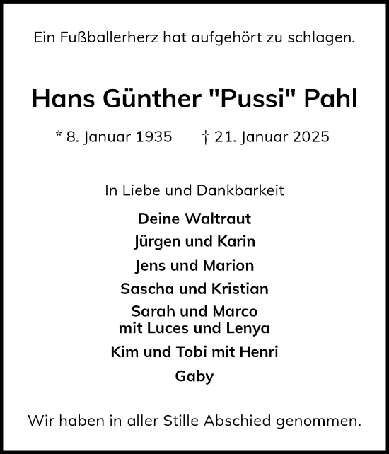 Traueranzeige von Hans Günther Pahl von Region Pinneberg und tip Pinneberg