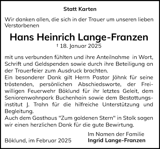 Traueranzeige von Hans Heinrich Lange-Franzen von Schleswiger Nachrichten, Schlei-Bote