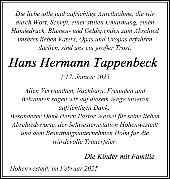 Traueranzeige von Hans Hermann Tappenbeck von Schleswig-Holsteinische Landeszeitung