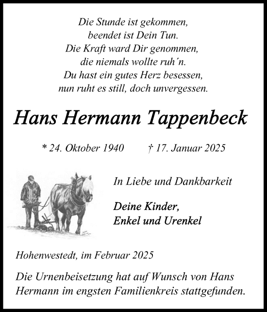 Traueranzeige von Hans Hermann Tappenbeck von Schleswig-Holsteinische Landeszeitung