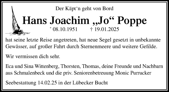 Traueranzeige von Hans Joachim Poppe von MARKT Ahrensburg/Bargteheide/Trittau und Stormarner Tageblatt