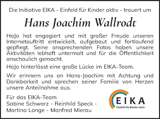 Traueranzeige von Hans Joachim Wallrodt von Holsteinischer Courier