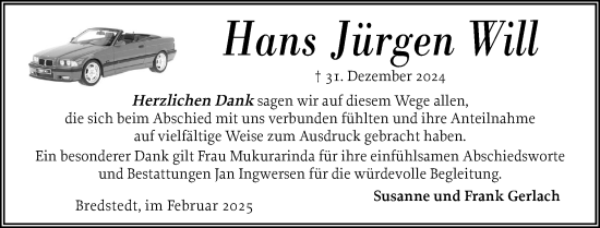 Traueranzeige von Hans Jürgen Will von Husumer Nachrichten, Nordfriesland Tageblatt