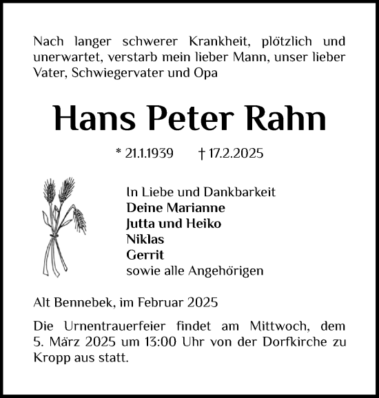 Traueranzeige von Hans Peter Rahn von Schleswig-Holsteinische Landeszeitung