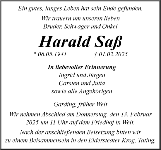 Traueranzeige von Harald Saß von Husumer Nachrichten, Nordfriesland Tageblatt