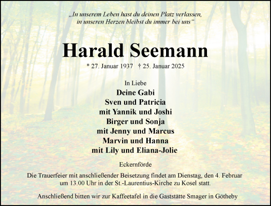 Traueranzeige von Harald Seemann von Eckernförder Zeitung, Hallo Eckernförde