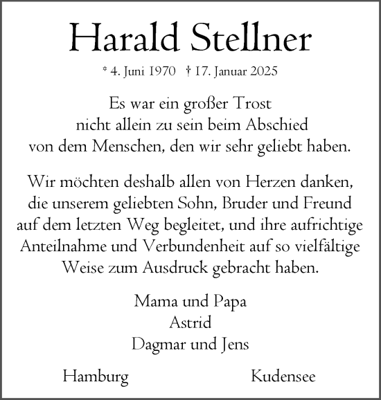 Traueranzeige von Harald Stellner von Norddeutsche Rundschau, Wilstersche Zeitung, Glückstädter Fortuna