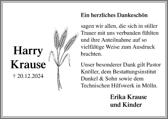 Traueranzeige von Harry Krause von MARKT Ratzeburg/Mölln