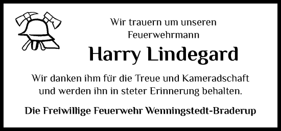 Traueranzeige von Harry Lindegard von Sylter Rundschau