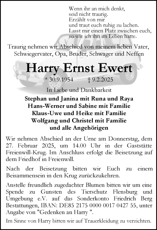Traueranzeige von Harry Ernst Ewert von Flensburger Tageblatt