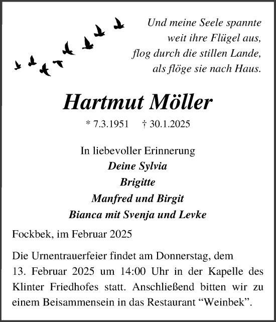 Traueranzeige von Hartmut Möller von Schleswig-Holsteinische Landeszeitung