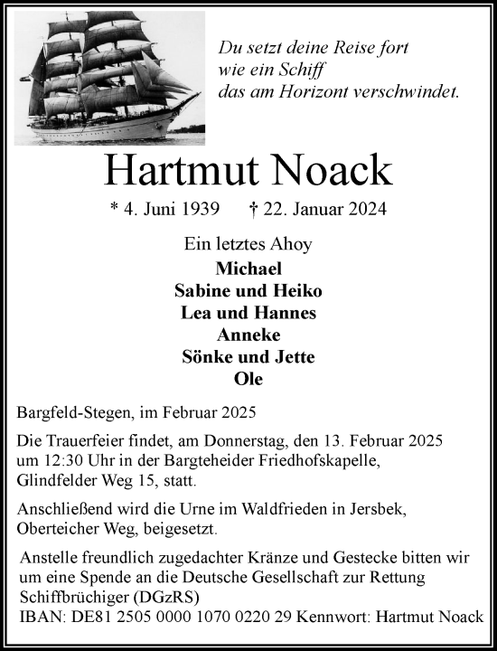 Traueranzeige von Hartmut Noack von MARKT Ahrensburg/Bargteheide/Trittau und Stormarner Tageblatt