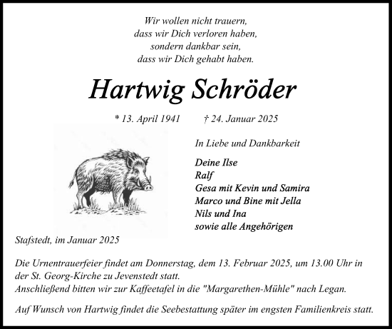 Traueranzeige von Hartwig Schröder von Schleswig-Holsteinische Landeszeitung
