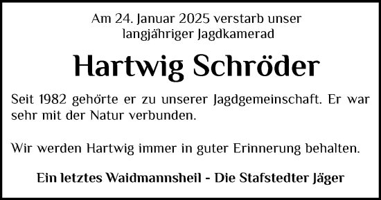 Traueranzeige von Hartwig Schröder von Schleswig-Holsteinische Landeszeitung