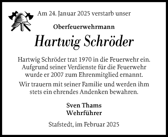 Traueranzeige von Hartwig Schröder von Schleswig-Holsteinische Landeszeitung