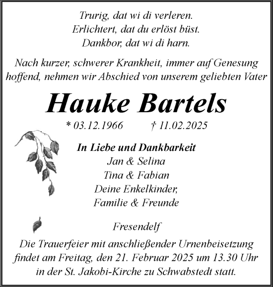 Traueranzeige von Hauke Bartels von Husumer Nachrichten, Nordfriesland Tageblatt