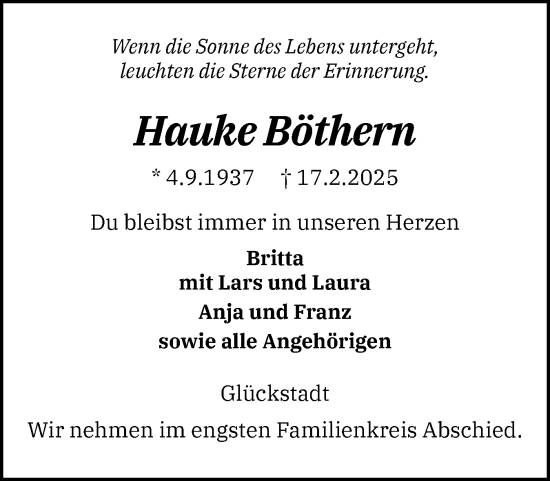 Traueranzeige von Hauke Böthern von Norddeutsche Rundschau, Wilstersche Zeitung, Glückstädter Fortuna