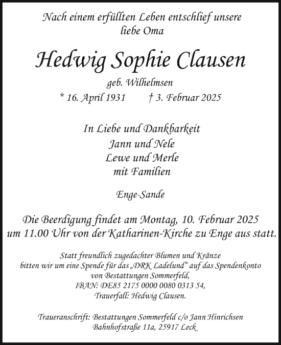 Traueranzeige von Hedwig Sophie Clausen von Husumer Nachrichten, Nordfriesland Tageblatt