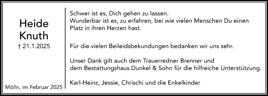 Traueranzeige von Heide Knuth von MARKT Ratzeburg/Mölln