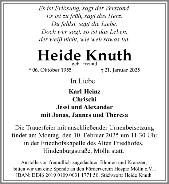 Traueranzeige von Heide Knuth von MARKT Ratzeburg/Mölln