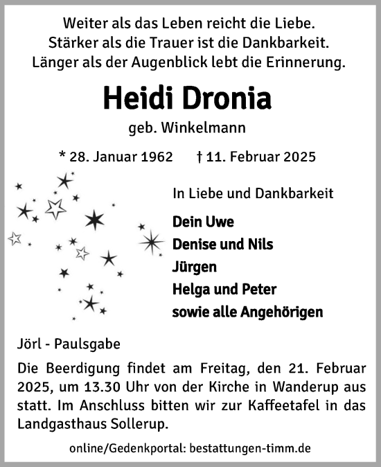 Traueranzeige von Heidi Dronia von Region Flensburg
