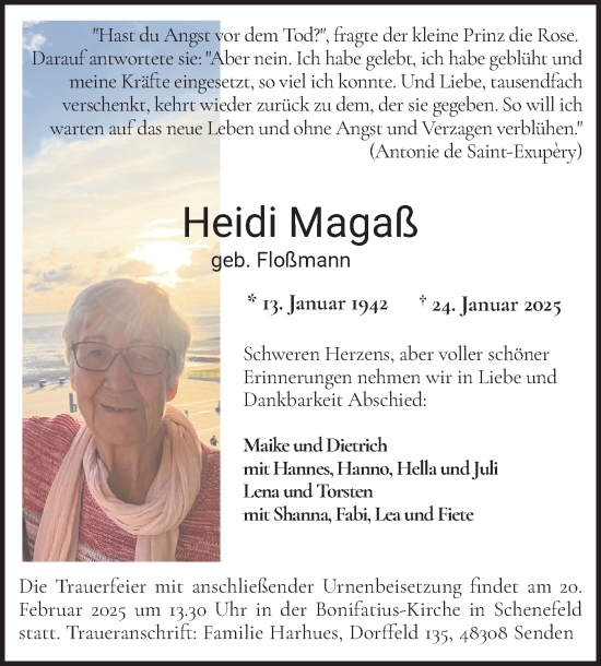 Traueranzeige von Heidi Magaß von Norddeutsche Rundschau, Wilstersche Zeitung, Glückstädter Fortuna