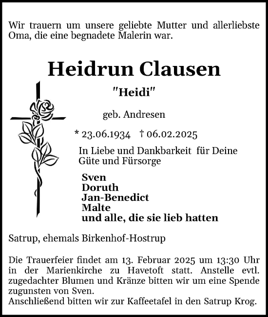 Traueranzeige von Heidrun Clausen von Schleswiger Nachrichten, Schlei-Bote