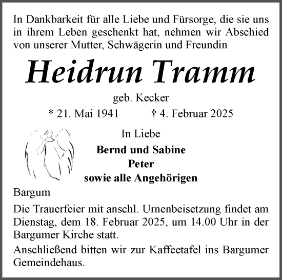 Traueranzeige von Heidrun Tramm von Husumer Nachrichten, Nordfriesland Tageblatt