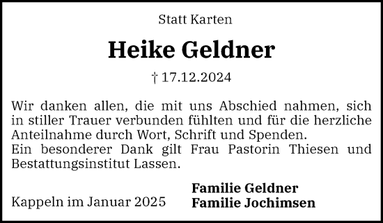 Traueranzeige von Heike Geldner von Schleswiger Nachrichten, Schlei-Bote