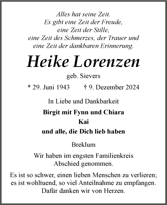 Traueranzeige von Heike Lorenzen von Husumer Nachrichten, Nordfriesland Tageblatt