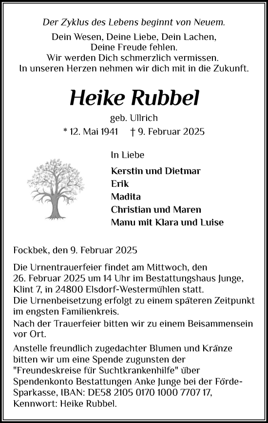Traueranzeige von Heike Rubbel von Schleswig-Holsteinische Landeszeitung