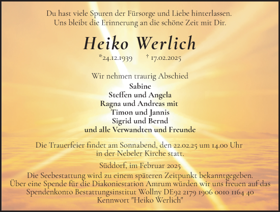 Traueranzeige von Heiko Werlich von Der Insel-Bote