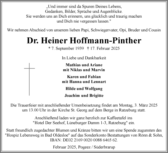 Traueranzeige von Heiner Hoffmann-Pinther von Schleswiger Nachrichten, Schlei-Bote