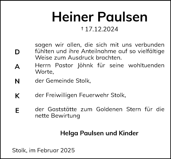 Traueranzeige von Heiner Paulsen von Schleswiger Nachrichten, Schlei-Bote
