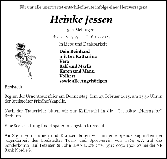 Traueranzeige von Heinke Jessen von Husumer Nachrichten, Nordfriesland Tageblatt
