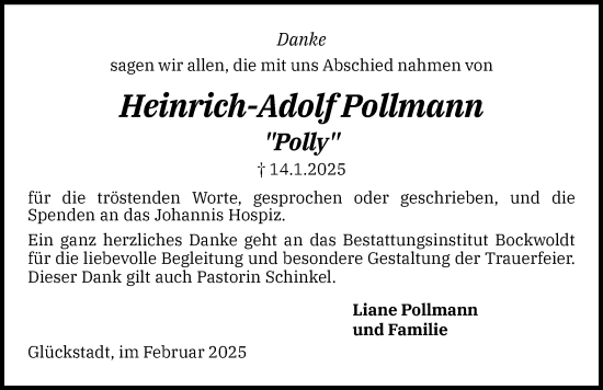 Traueranzeige von Heinrich-Adolf Pollmann von Norddeutsche Rundschau, Wilstersche Zeitung, Glückstädter Fortuna