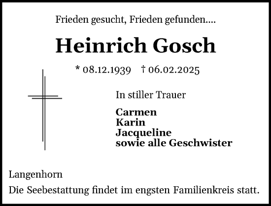 Traueranzeige von Heinrich Gosch von Husumer Nachrichten, Nordfriesland Tageblatt