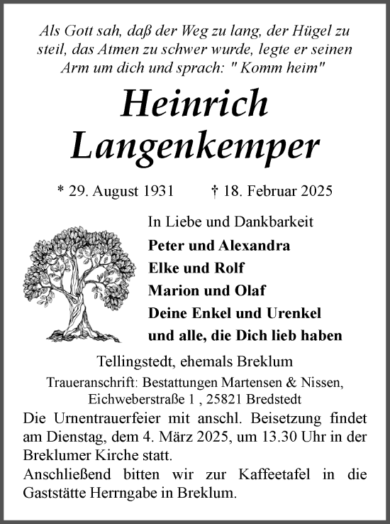 Traueranzeige von Heinrich Langenkemper von Husumer Nachrichten, Nordfriesland Tageblatt
